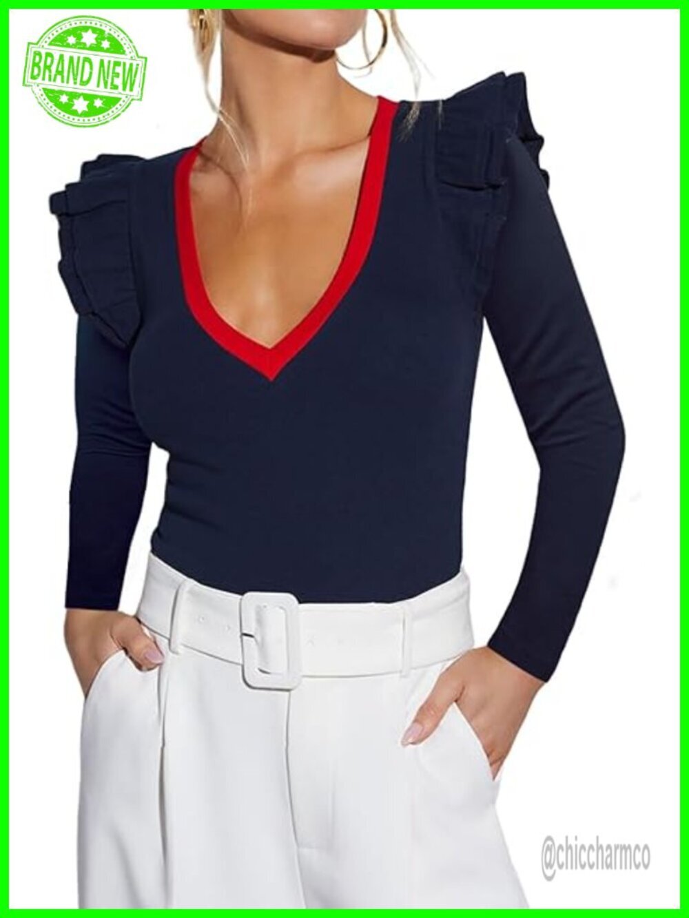 Ribbed Knit V Neck Long Sleeve Ruffle Shirt Blouse Fall Tunic Top